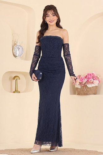 moda selvim Dantel Detaylı Straplez Abiye 193DMNK1166 Laci - Thumbnail