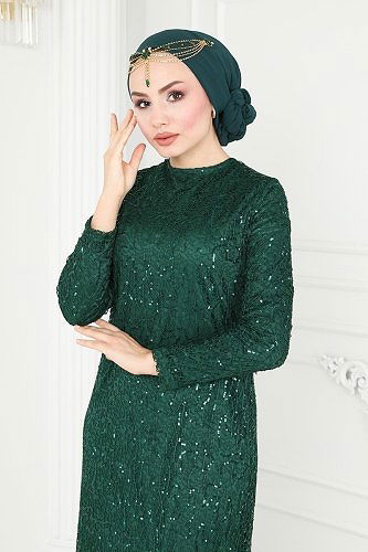 moda selvim Pul Detaylı Tesettür Abiye 2402PN204 Zümrüt - Thumbnail