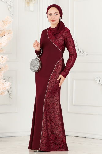 moda selvim Dantel Detaylı Tesettür Abiye ASM2707 Bordo - Thumbnail