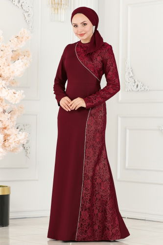 moda selvim Dantel Detaylı Tesettür Abiye ASM2707 Bordo - Thumbnail