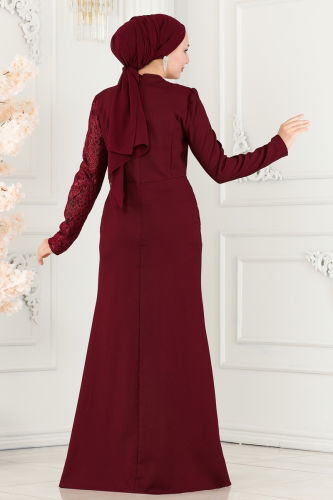 moda selvim Dantel Detaylı Tesettür Abiye ASM2707 Bordo - Thumbnail