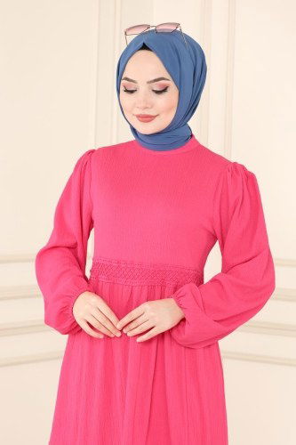 moda selvim Dantel Geçişli Bürümcük Elbise 5858BSK463 Fuşya - Thumbnail