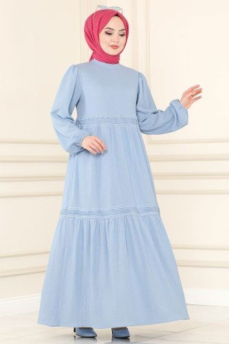 moda selvim Dantel Geçişli Bürümcük Elbise 5858BSK463 Mavi - Thumbnail