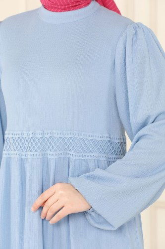 moda selvim Dantel Geçişli Bürümcük Elbise 5858BSK463 Mavi - Thumbnail