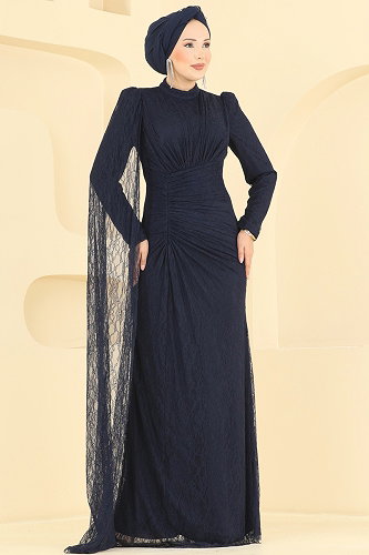moda selvim Dantelli Beli Büzgülü Abiye 5672DMNK1166 Laci - Thumbnail