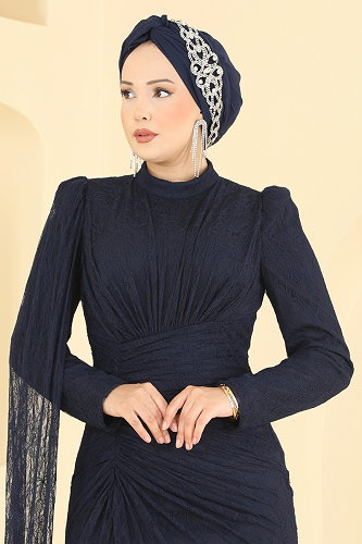moda selvim Dantelli Beli Büzgülü Abiye 5672DMNK1166 Laci - Thumbnail
