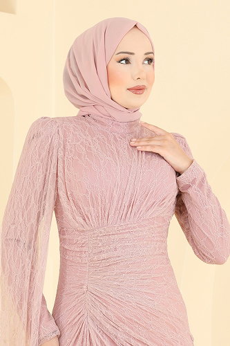 moda selvim Dantelli Beli Büzgülü Abiye 5672DMNK1166 Pudra - Thumbnail