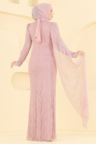 moda selvim Dantelli Beli Büzgülü Abiye 5672DMNK1166 Pudra - Thumbnail