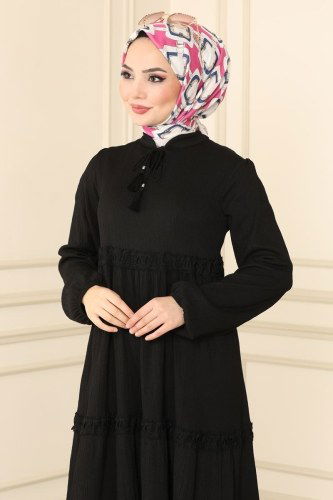 moda selvim Dantelli Bürümcük Elbise 5842BSK463 Siyah - Thumbnail