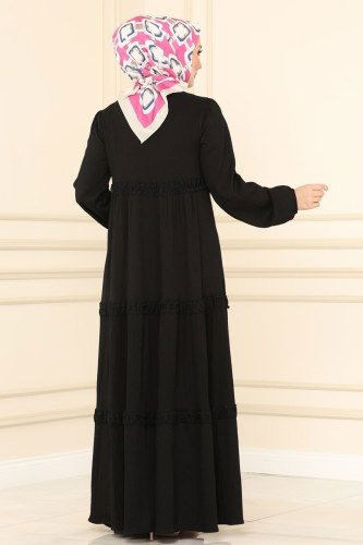 moda selvim Dantelli Bürümcük Elbise 5842BSK463 Siyah - Thumbnail