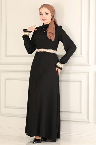 moda selvim Dantelli Bürümcük Elbise 5852BSK463 Siyah - Thumbnail