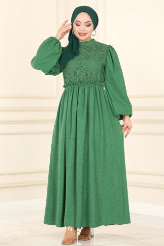 moda selvim Dantelli Keten Elbise 5857BSK463 Çağla - Thumbnail