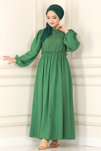 moda selvim Dantelli Keten Elbise 5857BSK463 Çağla - Thumbnail