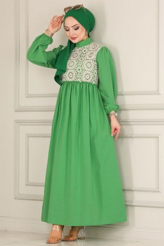B.R.Z - Dantelli Terikoton Elbise 8324BRZ597 Benetton Yeşili