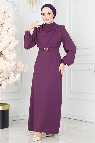 moda selvim Degaje Yaka Kemerli Elbise 5985BSK463 Mürdüm - Thumbnail