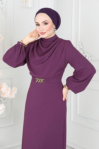 moda selvim Degaje Yaka Kemerli Elbise 5985BSK463 Mürdüm - Thumbnail