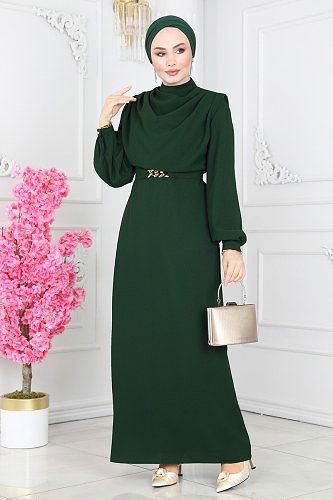 moda selvim Degaje Yaka Kemerli Elbise 5985BSK463 Zümrüt - Thumbnail