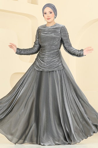 moda selvim Degaje Yaka Organze Abiye 5669DMNK1166 Antrasit - Thumbnail
