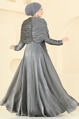 moda selvim Degaje Yaka Organze Abiye 5669DMNK1166 Antrasit - Thumbnail