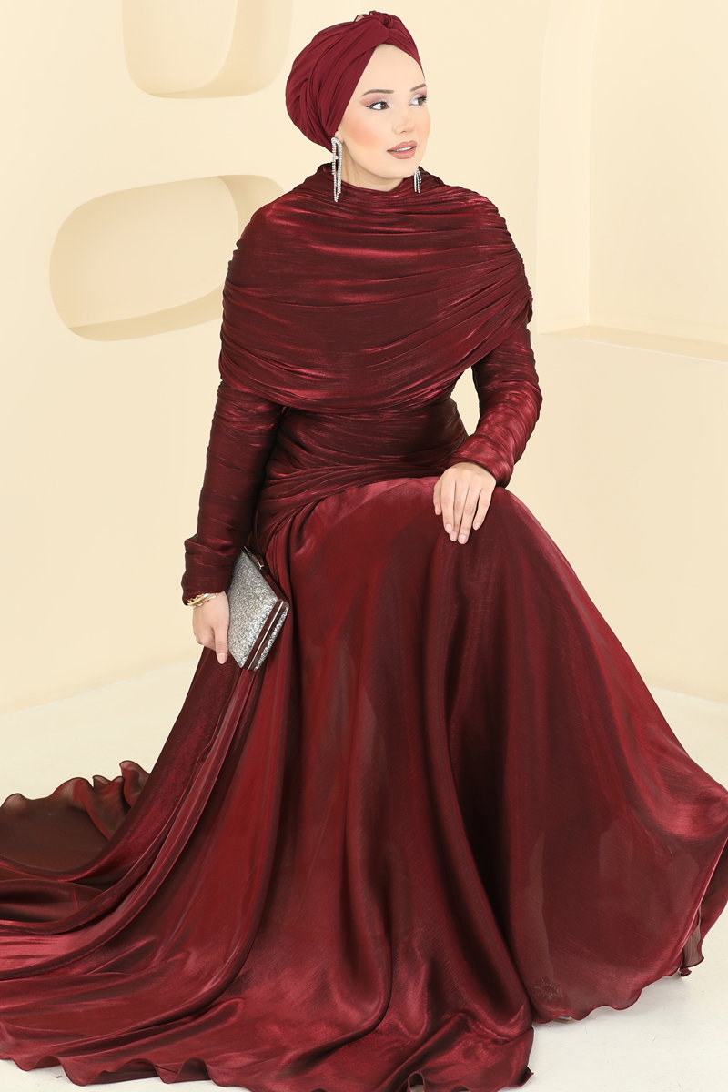 Degaje Yaka Organze Abiye 5669DMNK1166 Bordo