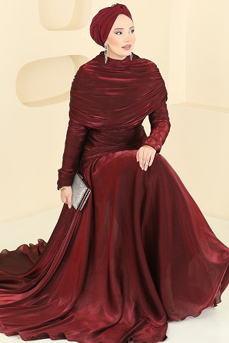 moda selvim Degaje Yaka Organze Abiye 5669DMNK1166 Bordo - Thumbnail