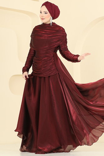 moda selvim Degaje Yaka Organze Abiye 5669DMNK1166 Bordo - Thumbnail