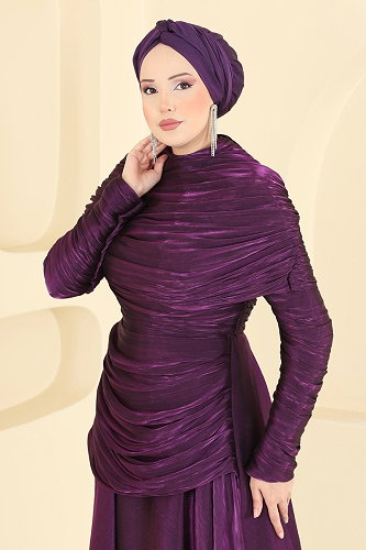 moda selvim Degaje Yaka Organze Abiye 5669DMNK1166 Mor - Thumbnail