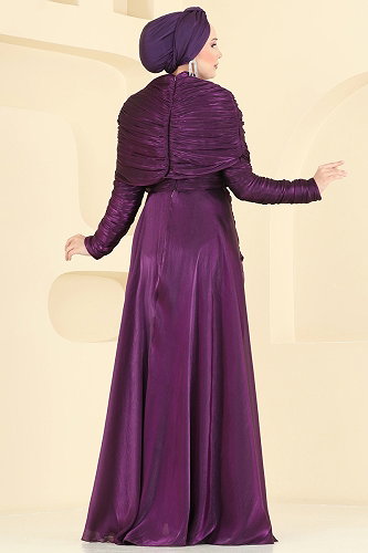 moda selvim Degaje Yaka Organze Abiye 5669DMNK1166 Mor - Thumbnail