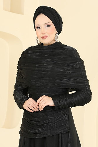 moda selvim Degaje Yaka Organze Abiye 5669DMNK1166 Siyah - Thumbnail