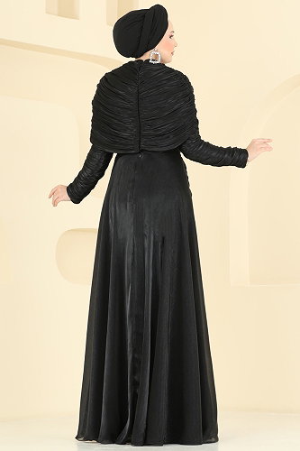 moda selvim Degaje Yaka Organze Abiye 5669DMNK1166 Siyah - Thumbnail