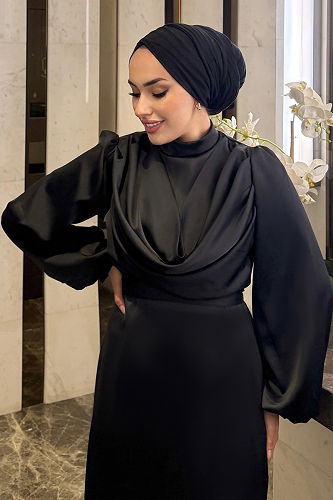 moda selvim Degaje Yaka Saten Abiye 4550ALG474 Siyah - Thumbnail