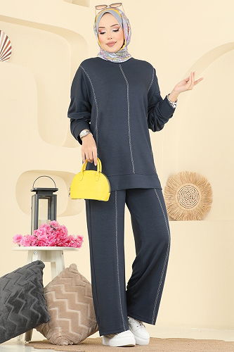 moda selvim Dekoratif Dikiş Detaylı Takım 3216HBS856 Antrasit - Thumbnail