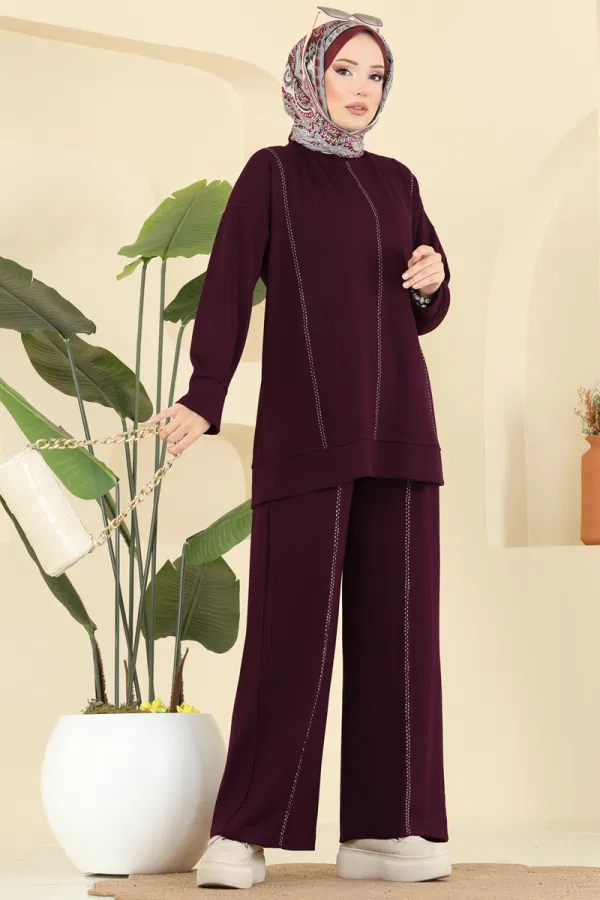 Modaselvim Kombin Dekoratif Dikiş Detaylı Takım 3216HBS856 Bordo