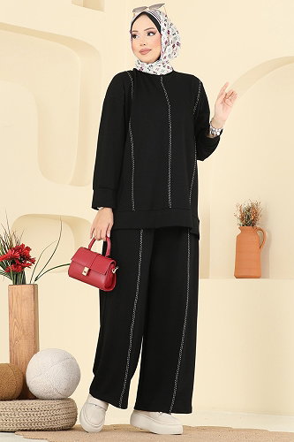 moda selvim Dekoratif Dikiş Detaylı Takım 3216HBS856 Siyah - Thumbnail