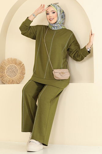 moda selvim Dekoratif Dikiş Detaylı Takım 3216HBS856 Yağ Yeşili - Thumbnail