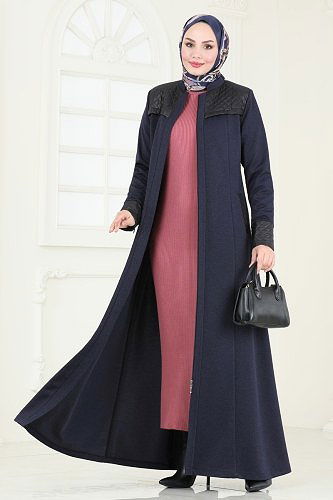 moda selvim Deri Detaylı Pardesü Ferace 2250EDM718 Laci - Thumbnail