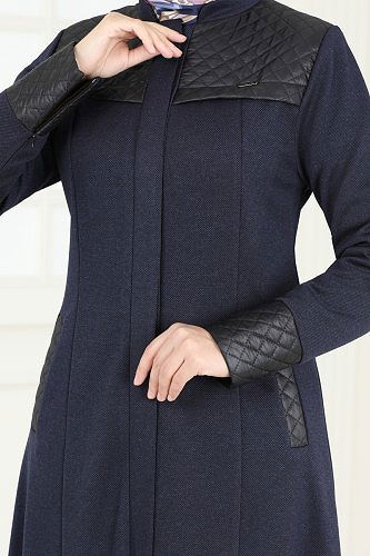 moda selvim Deri Detaylı Pardesü Ferace 2250EDM718 Laci - Thumbnail