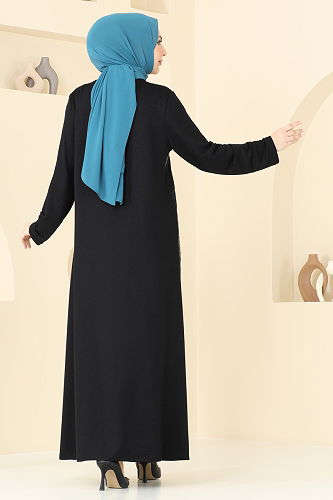 moda selvim Deri Detaylı Tesettür Elbise 3110HN394 Desen1 Laci - Thumbnail