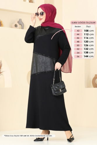 moda selvim Deri Detaylı Tesettür Elbise 3110HN394 Siyah - Thumbnail