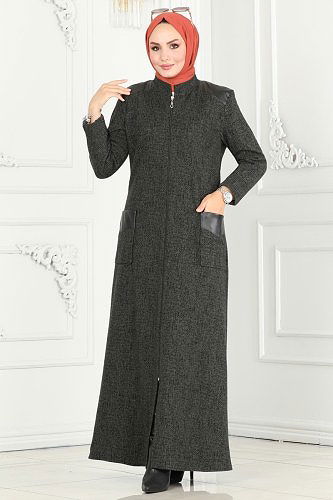 moda selvim Deri Detaylı Tesettür Ferace 1903ZNN863 Haki - Thumbnail