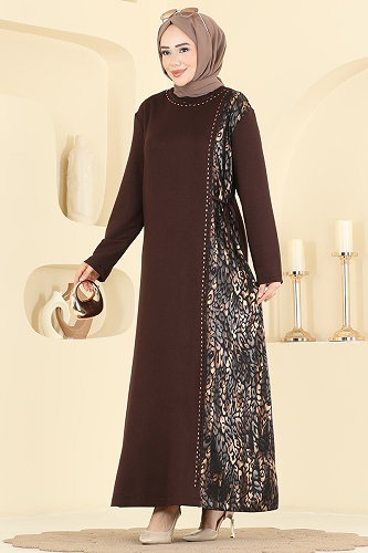 moda selvim Deri Garni Detaylı Elbise 4017HN394 Kahve - Thumbnail