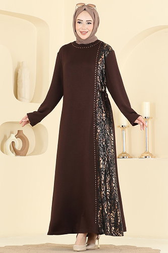 moda selvim Deri Garni Detaylı Elbise 4017HN394 Kahve - Thumbnail