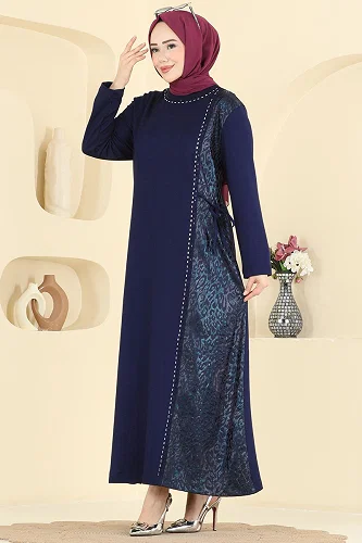 moda selvim Deri Garni Detaylı Elbise 4017HN394 Laci - Thumbnail