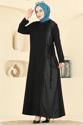 moda selvim Deri Garni Detaylı Elbise 4017HN394 Siyah - Thumbnail