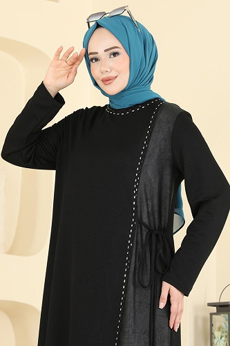 moda selvim Deri Garni Detaylı Elbise 4017HN394 Siyah - Thumbnail