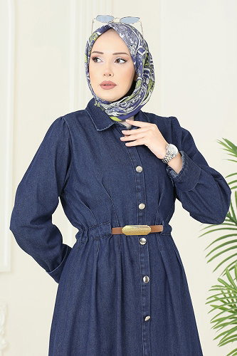 moda selvim Deri Kemerli Kot Elbise 109ZNE1011 Koyu Kot - Thumbnail