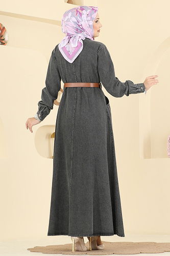 moda selvim Deri Kemerli Kot Elbise 6136ORG1169 Gri Kot - Thumbnail