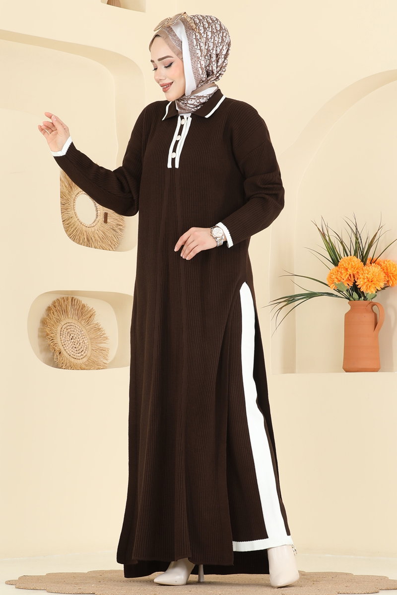 Derin Yırtmaçlı Triko Takım 503TPK1167 Kahve