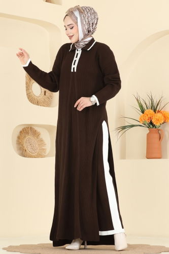 T.P.K. - Derin Yırtmaçlı Triko Takım 503TPK1167 Kahve