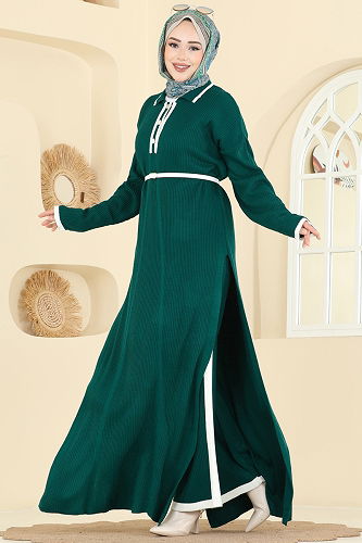 moda selvim Derin Yırtmaçlı Triko Takım 503TPK1167 Zümrüt - Thumbnail